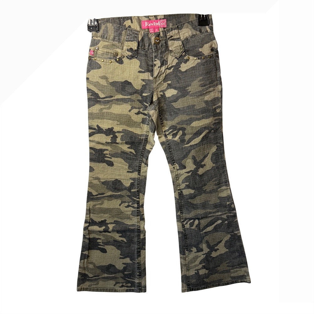 VTG Rewind Camo Pants Green 90s Y2K Flare Studded Ripstop Cargo Girls SZ Casual8